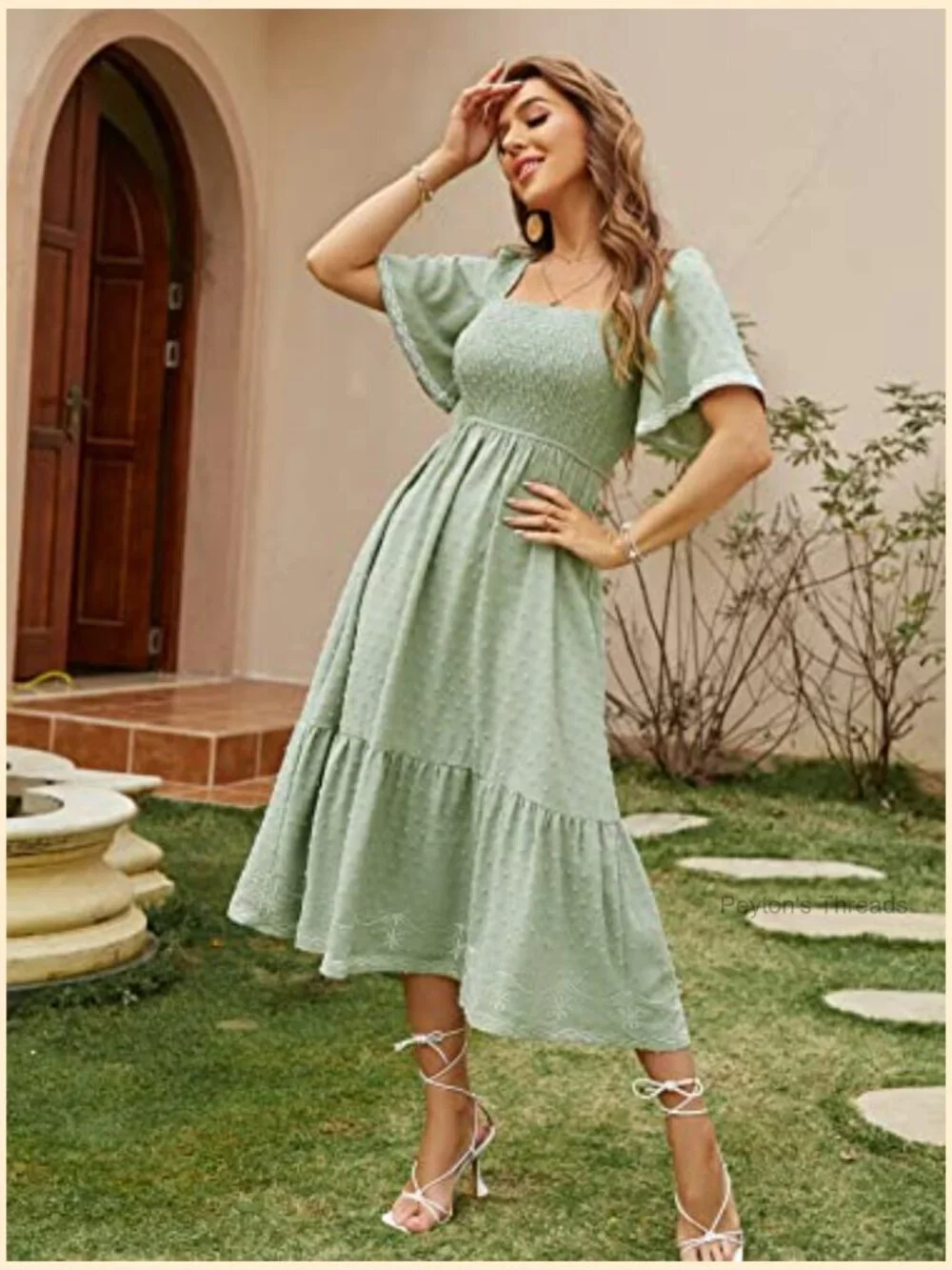 Short Sleeve Smocked Square Neck A Line Flowy Maxi Dress